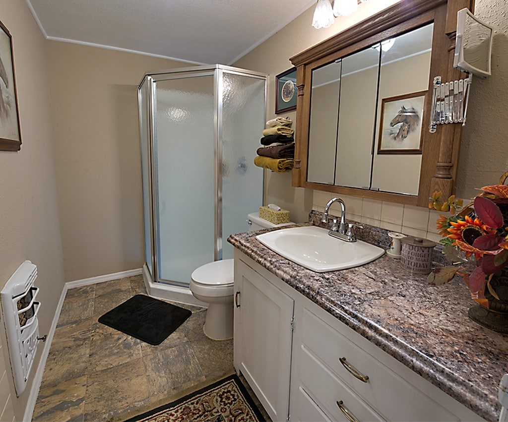 Shower Bathroom with magnifying shave/ makeup mirror. You'll love the sink nite lite faucet !